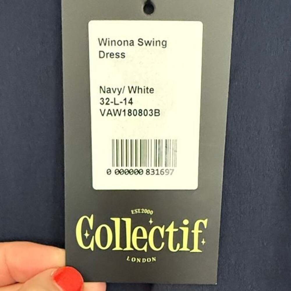 Collectif Winona Swing Dress Navy White Peter Pan Collar NWT Size L UK 14 - Picture 4 of 6